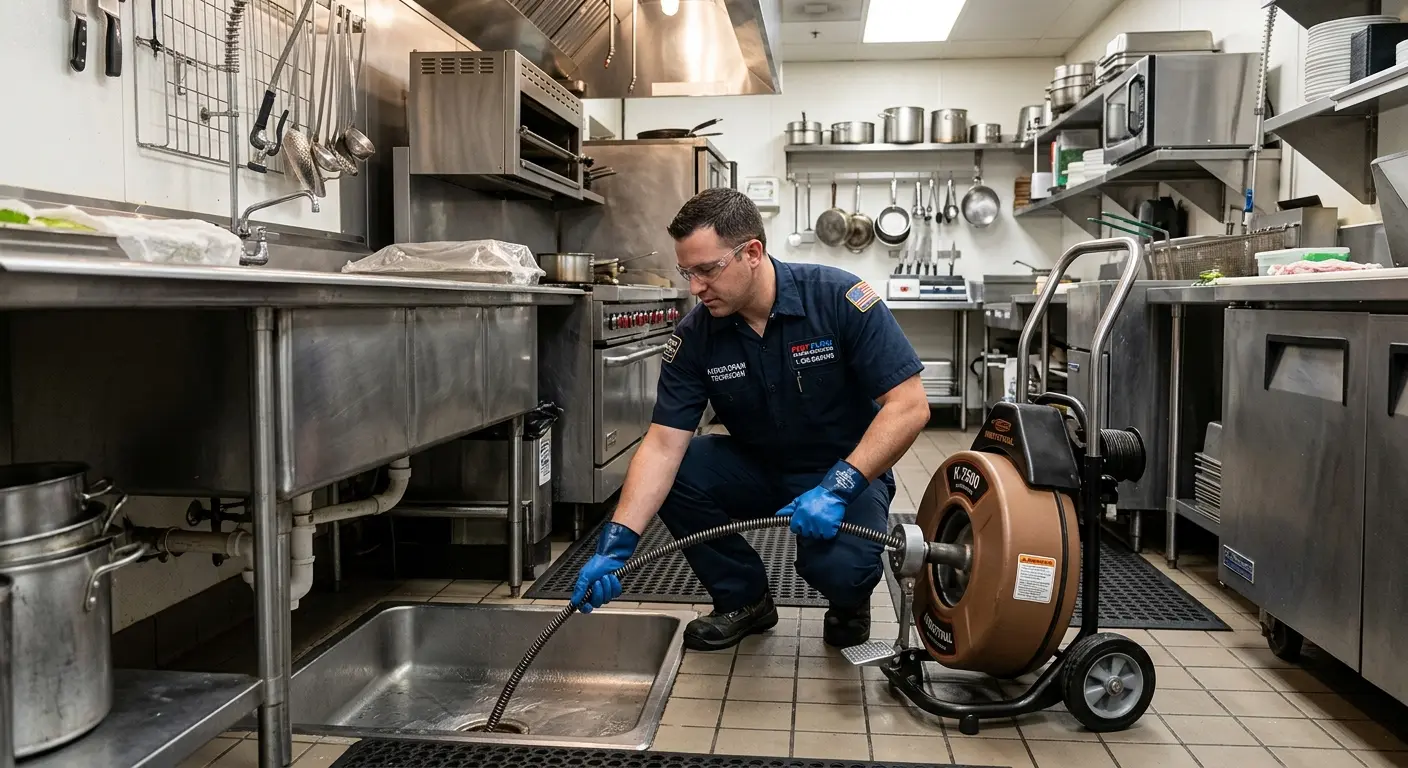 Commercial drain cleaning service in a restaurant kitchen in Houghton