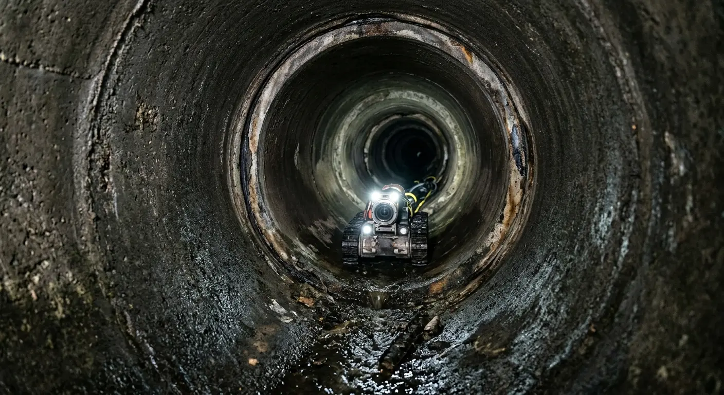 Robotic sewer camera inspecting pipe interior for Drain Snake Service in Houghton