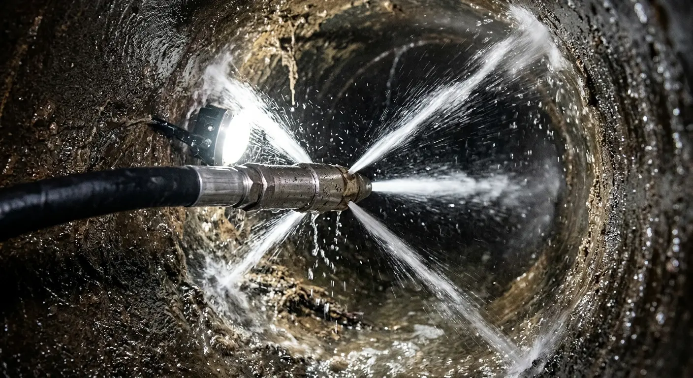 High-pressure hydro jetting nozzle cleaning sewer pipe for Sewer Line Relining in Houghton