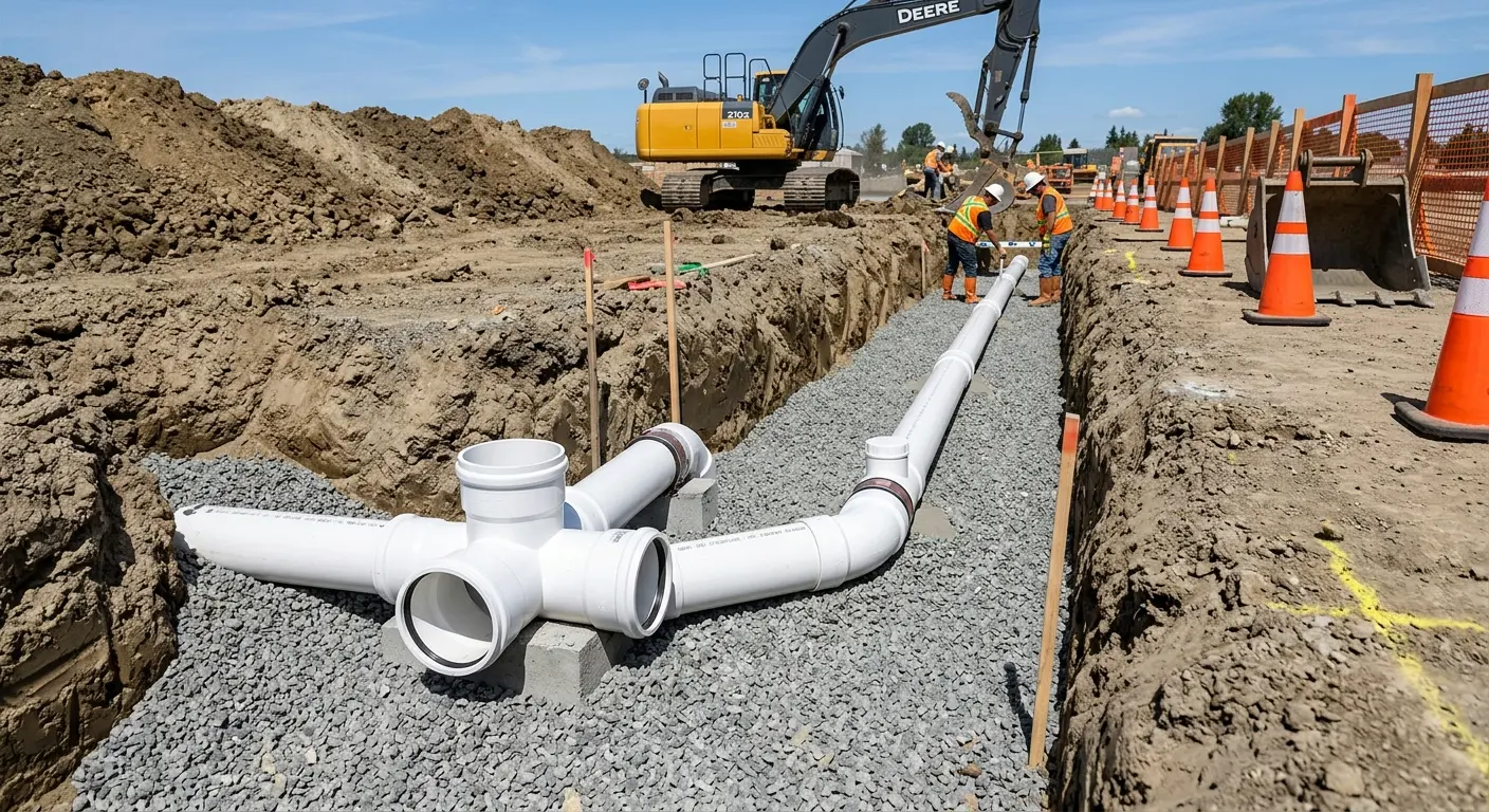 New PVC sewer pipe installation in open trench for Commercial Drain Cleaning in Houghton