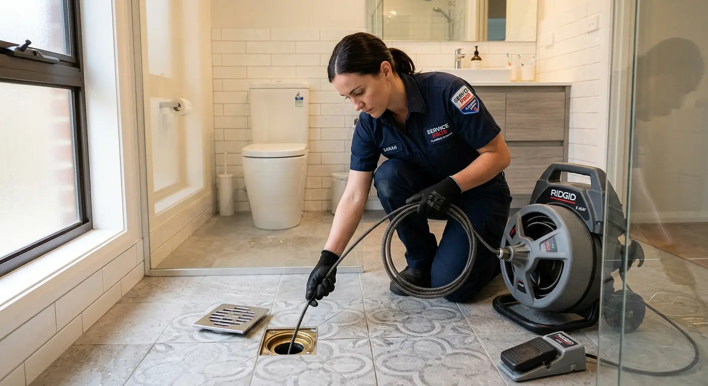 Technician clearing a bathroom floor drain for Sewer Line Installation in Houghton